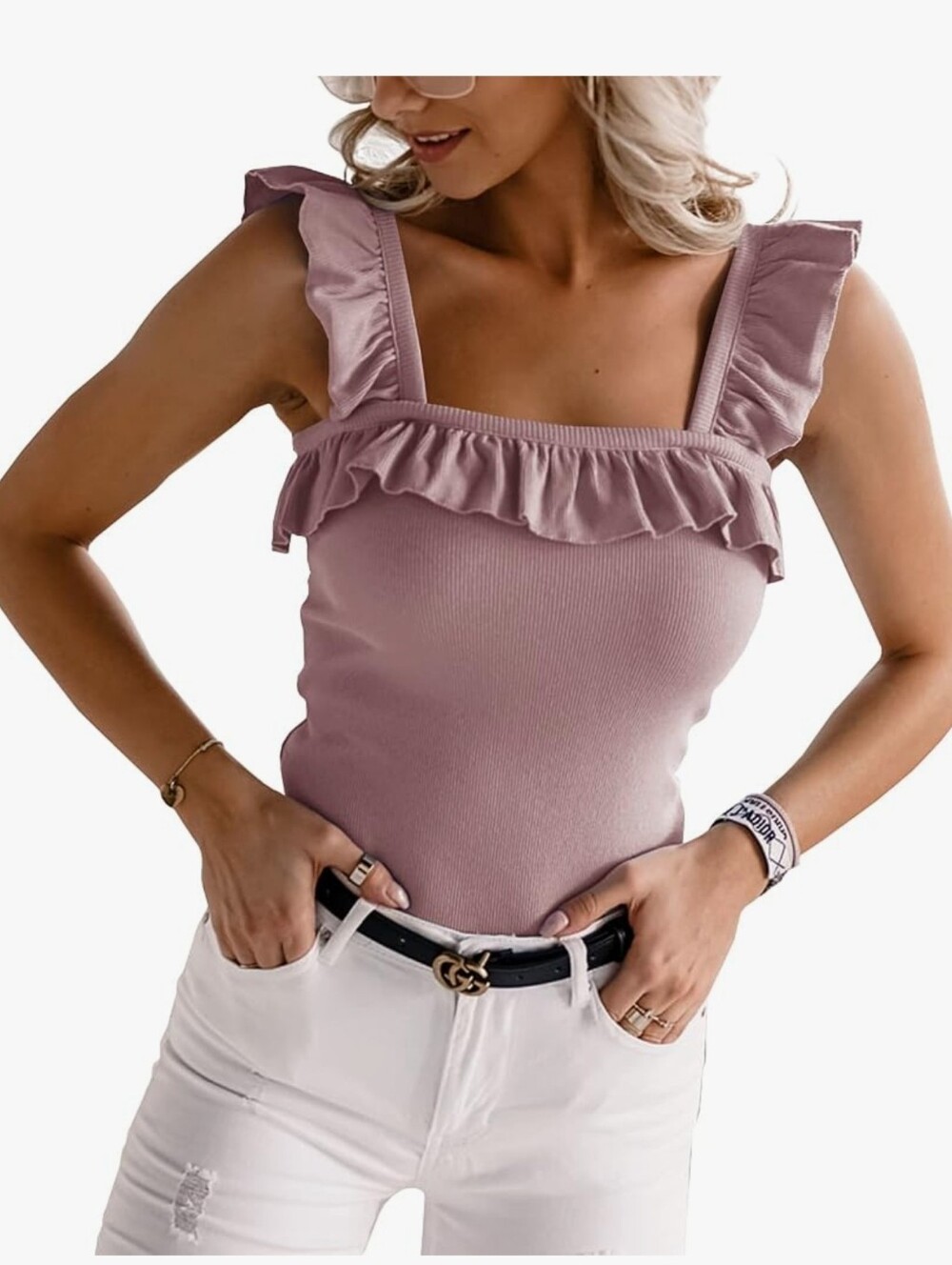 Ruffled Square-Neck Tank Top - Dusty Rose